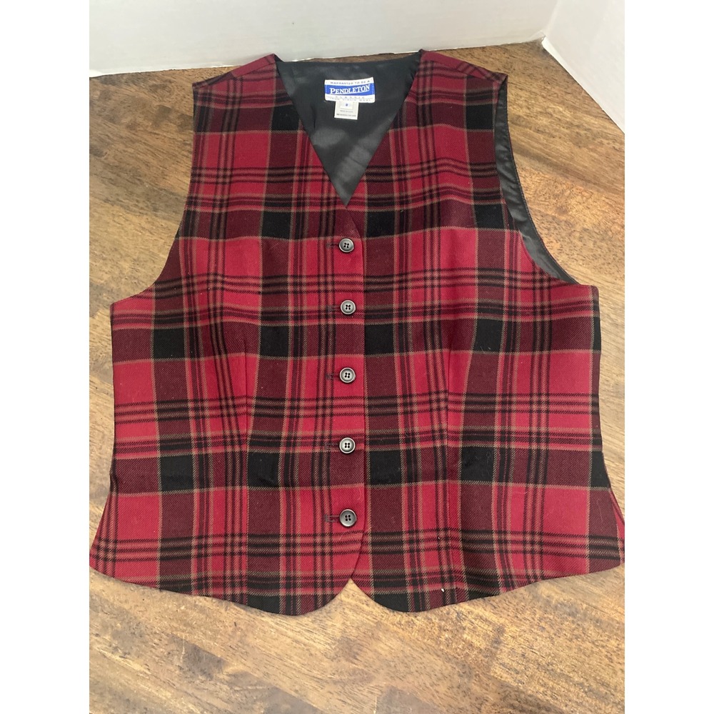 Pendleton Wool Plaid Vest Red Black Button Front Made in USA Women Size 8
